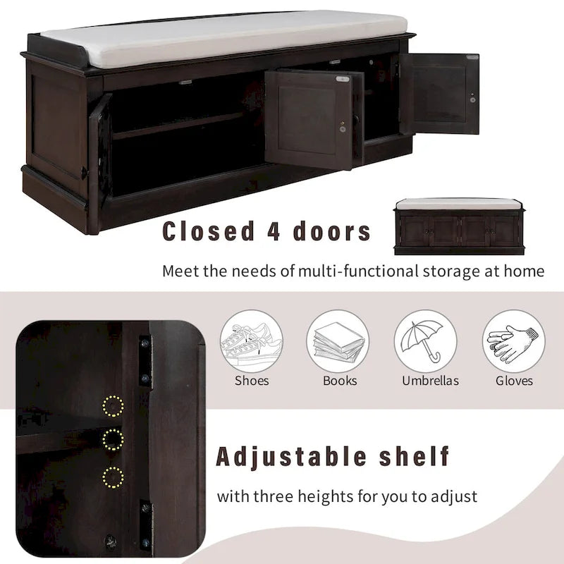 Banc de rangement 4 portes en bois avec coussin en lin et portes d'armoire Gris délavé Espresso Marine Blanc