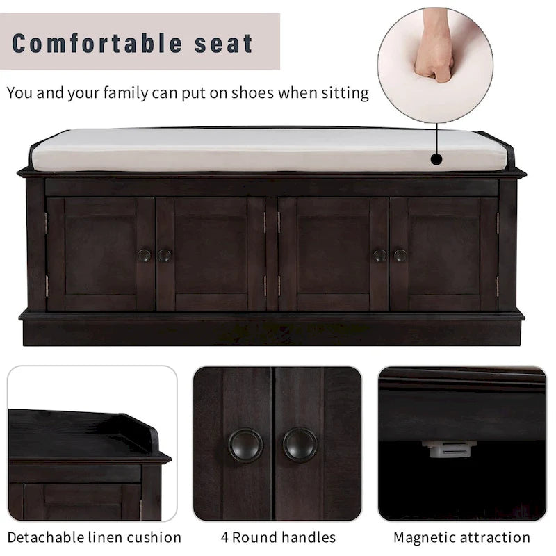 Banc de rangement 4 portes en bois avec coussin en lin et portes d'armoire Gris délavé Espresso Marine Blanc