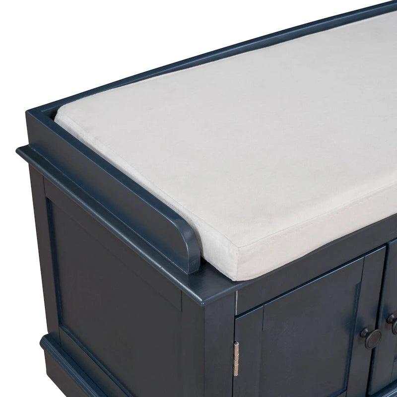 Banc de rangement 4 portes en bois avec coussin en lin et portes d'armoire Gris délavé Espresso Marine Blanc
