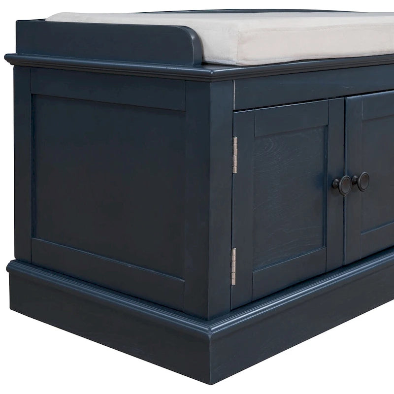Banc de rangement 4 portes en bois avec coussin en lin et portes d'armoire Gris délavé Espresso Marine Blanc