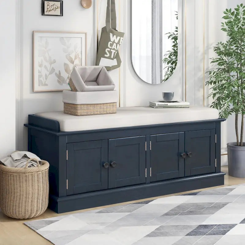 Banc de rangement 4 portes en bois avec coussin en lin et portes d'armoire Gris délavé Espresso Marine Blanc