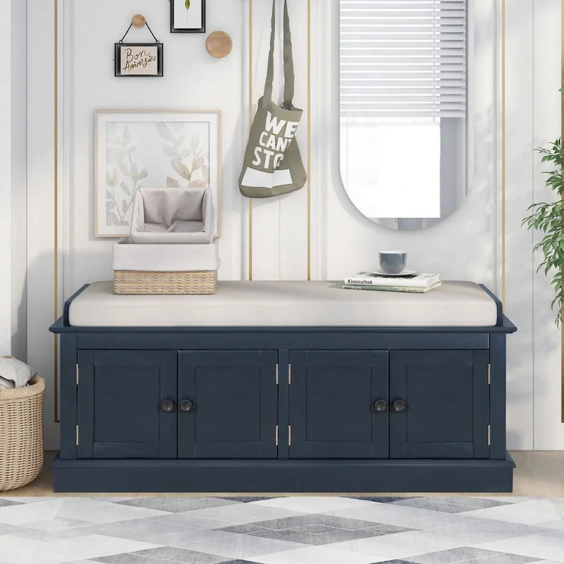 Banc de rangement 4 portes en bois avec coussin en lin et portes d'armoire Gris délavé Espresso Marine Blanc