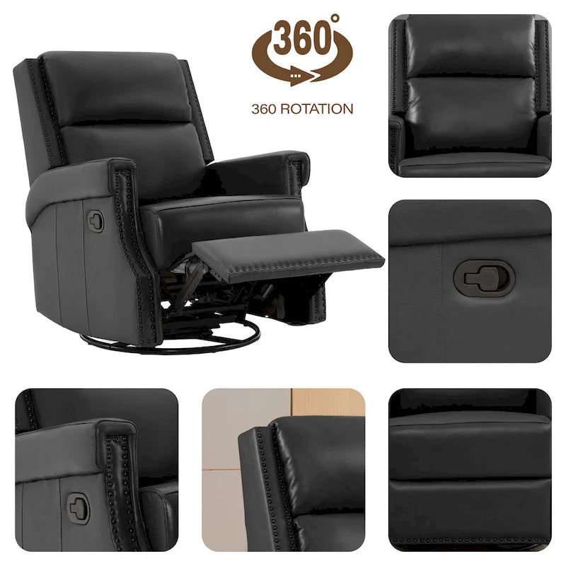 Fauteuil inclinable pivotant en cuir véritable avec accents cloutés 360 degrés Bordeaux Noir Chameau Bleu