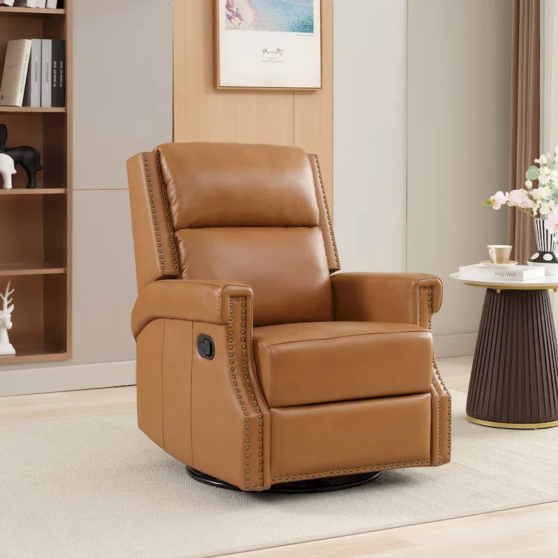 Fauteuil inclinable pivotant en cuir véritable avec accents cloutés 360 degrés Bordeaux Noir Chameau Bleu