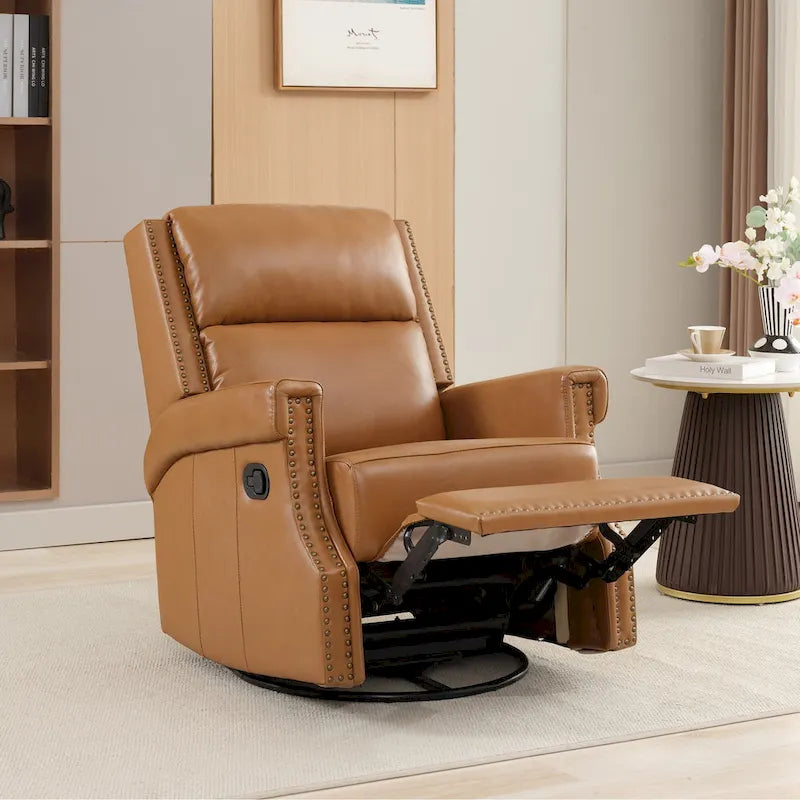 Fauteuil inclinable pivotant en cuir véritable avec accents cloutés 360 degrés Bordeaux Noir Chameau Bleu