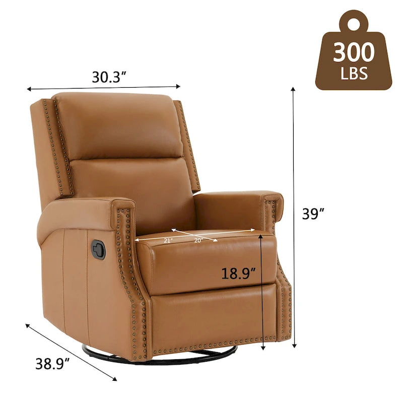Fauteuil inclinable pivotant en cuir véritable avec accents cloutés 360 degrés Bordeaux Noir Chameau Bleu