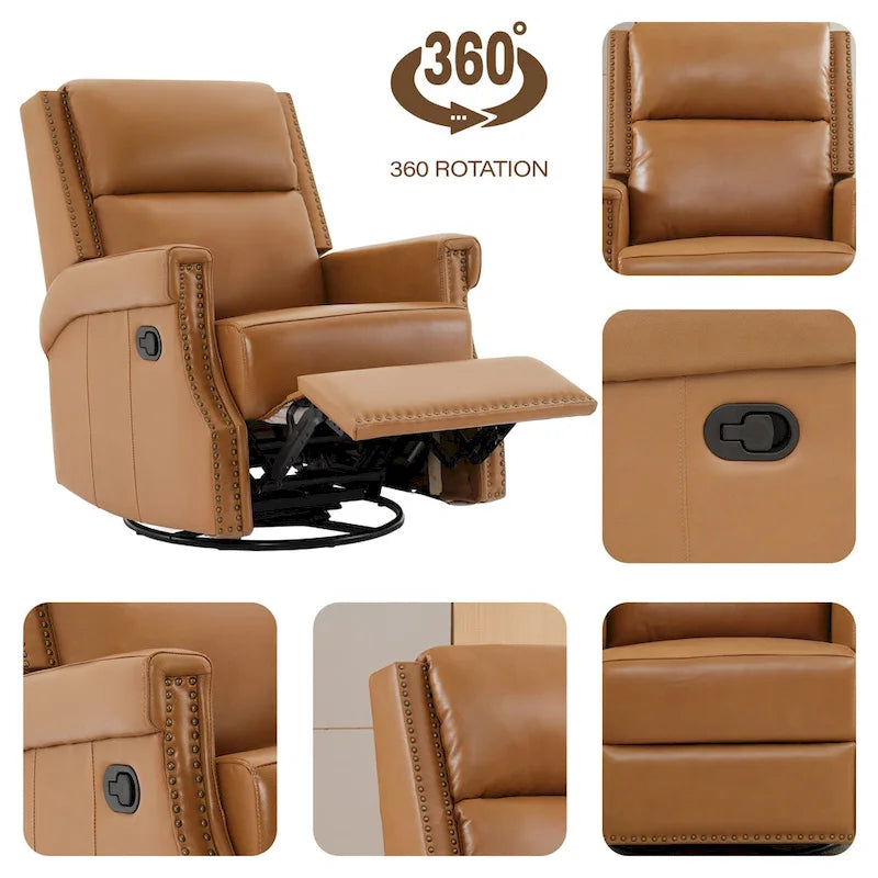Fauteuil inclinable pivotant en cuir véritable avec accents cloutés 360 degrés Bordeaux Noir Chameau Bleu