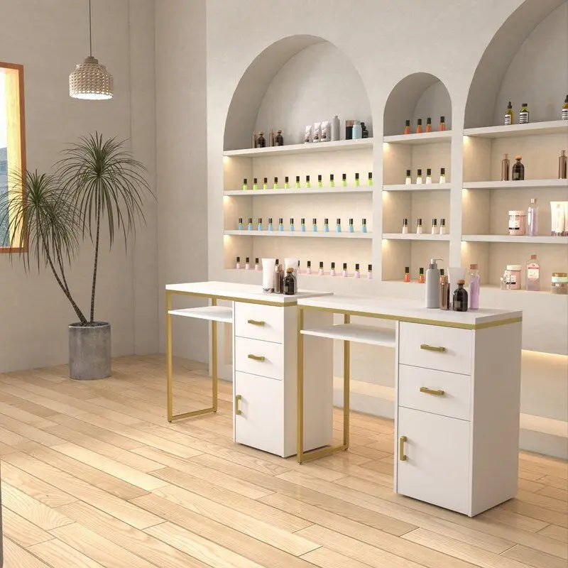 Bureau informatique avec 2 tiroirs et un meuble de rangement, cadre en métal doré, panneaux de particules, pour bureau à domicile