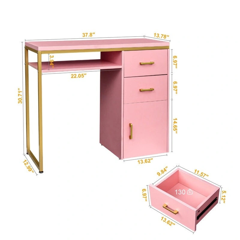 Bureau informatique avec 2 tiroirs et un meuble de rangement, cadre en métal doré, panneaux de particules, pour bureau à domicile