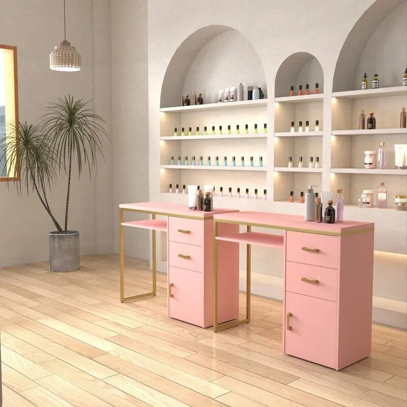 Bureau informatique avec 2 tiroirs et un meuble de rangement, cadre en métal doré, panneaux de particules, pour bureau à domicile