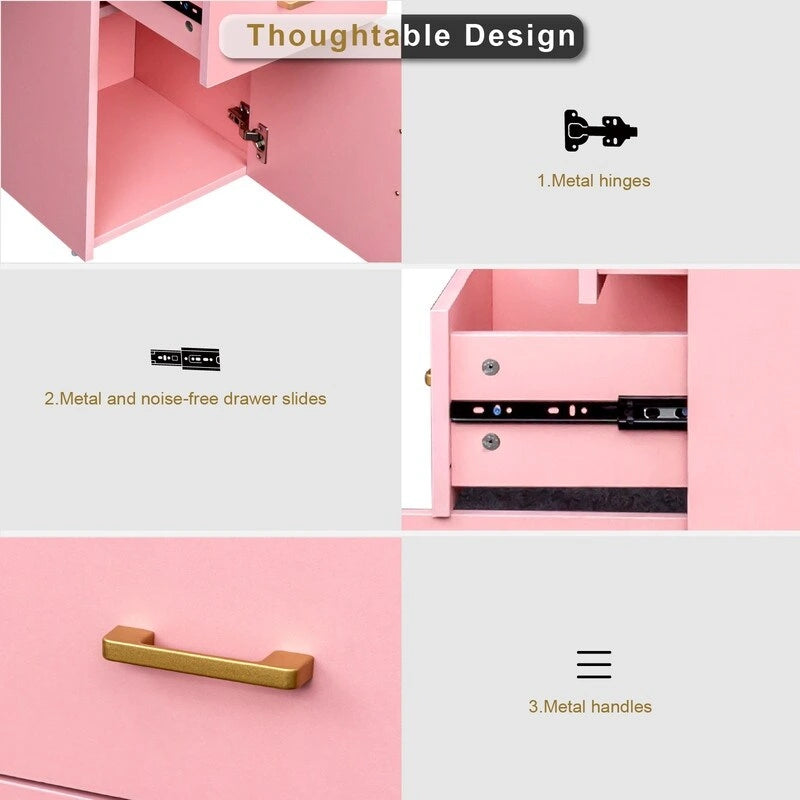 Bureau informatique avec 2 tiroirs et un meuble de rangement, cadre en métal doré, panneaux de particules, pour bureau à domicile