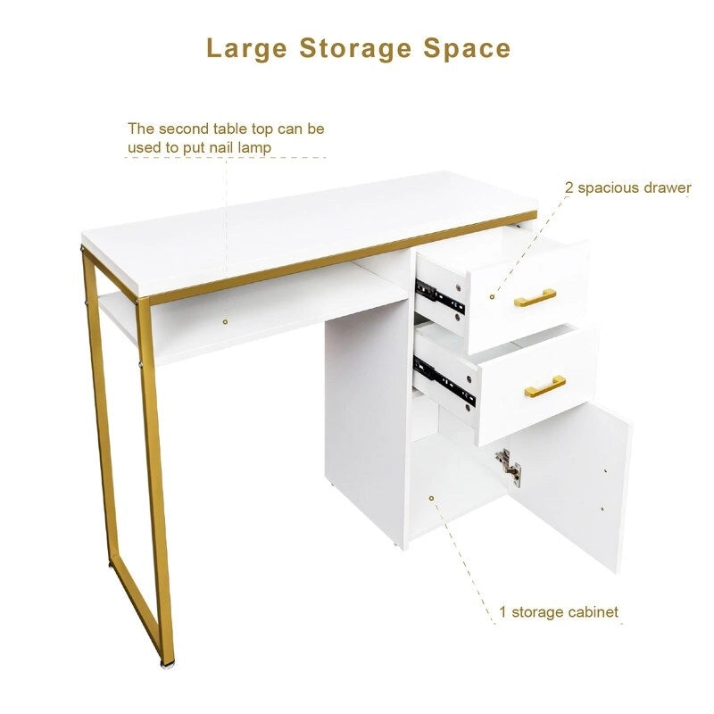 Bureau informatique avec 2 tiroirs et un meuble de rangement, cadre en métal doré, panneaux de particules, pour bureau à domicile