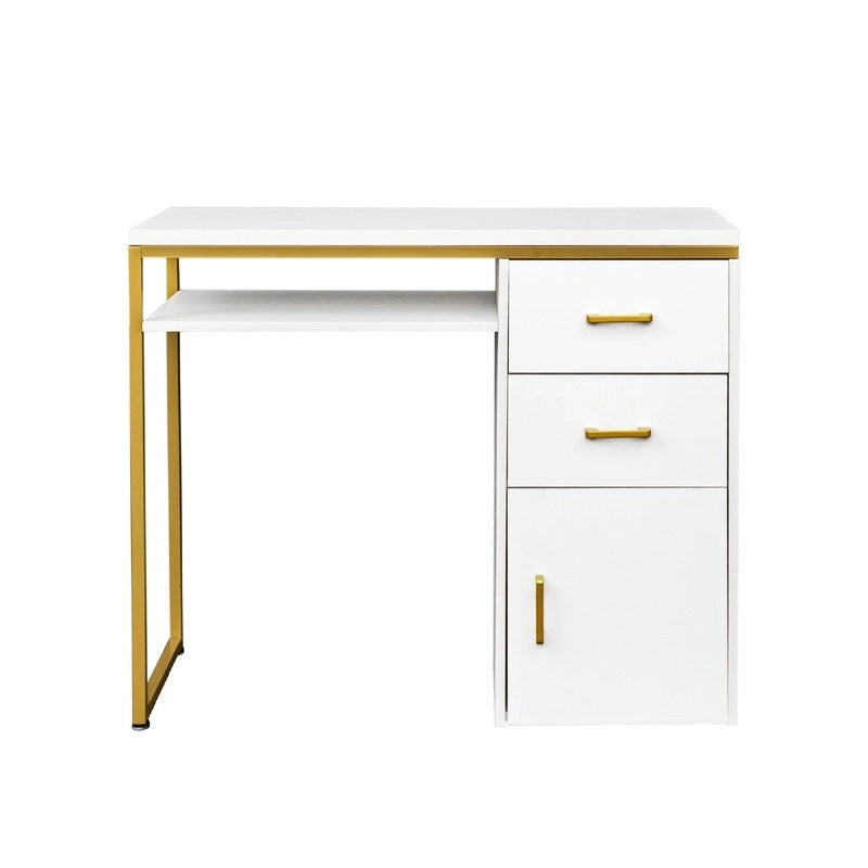 Bureau informatique avec 2 tiroirs et un meuble de rangement, cadre en métal doré, panneaux de particules, pour bureau à domicile