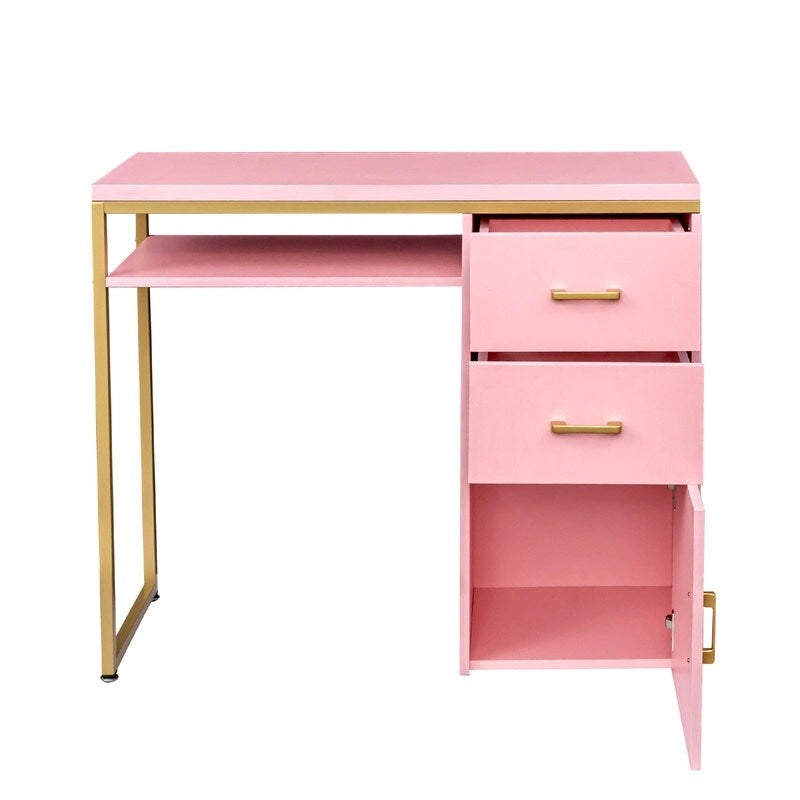 Bureau informatique avec 2 tiroirs et un meuble de rangement, cadre en métal doré, panneaux de particules, pour bureau à domicile