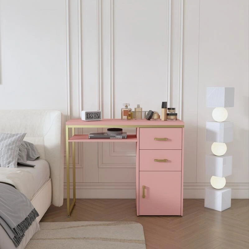 Bureau informatique avec 2 tiroirs et un meuble de rangement, cadre en métal doré, panneaux de particules, pour bureau à domicile