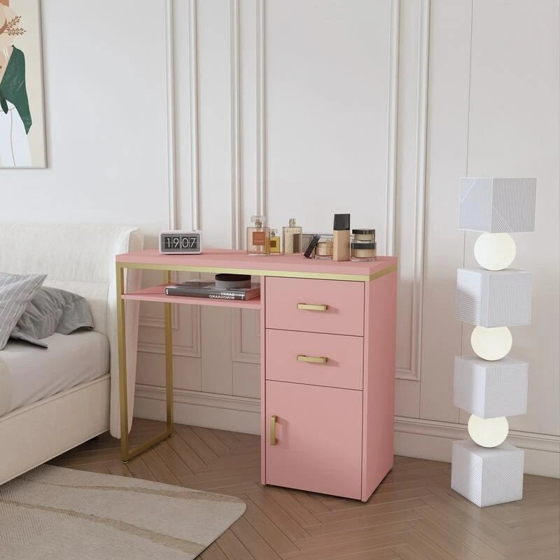 Bureau informatique avec 2 tiroirs et un meuble de rangement, cadre en métal doré, panneaux de particules, pour bureau à domicile