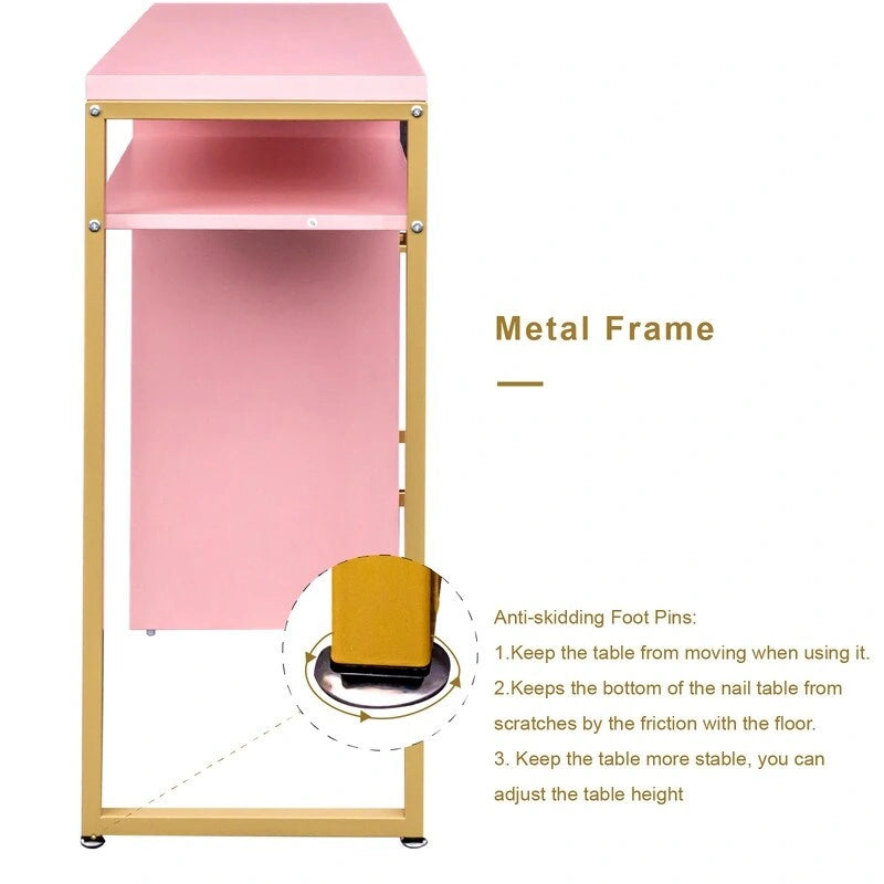 Bureau informatique avec 2 tiroirs et un meuble de rangement, cadre en métal doré, panneaux de particules, pour bureau à domicile