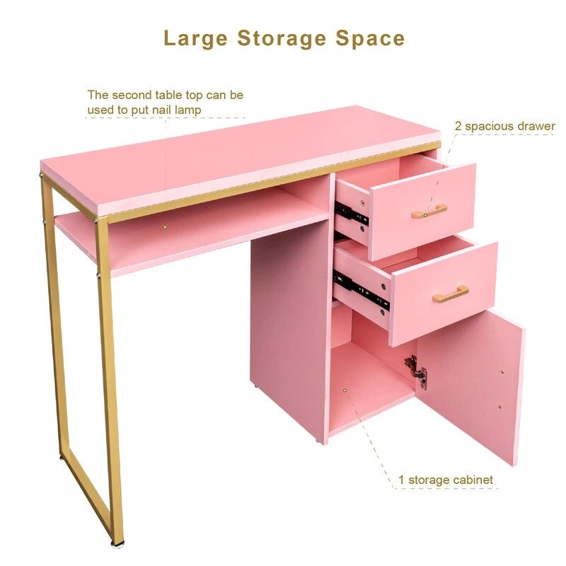 Bureau informatique avec 2 tiroirs et un meuble de rangement, cadre en métal doré, panneaux de particules, pour bureau à domicile