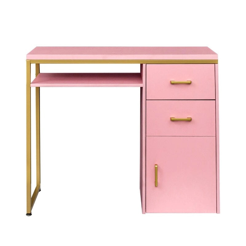 Bureau informatique avec 2 tiroirs et un meuble de rangement, cadre en métal doré, panneaux de particules, pour bureau à domicile
