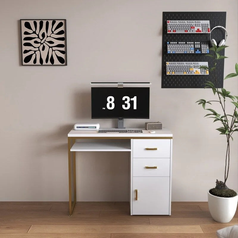 Bureau informatique avec 2 tiroirs et un meuble de rangement, cadre en métal doré, panneaux de particules, pour bureau à domicile