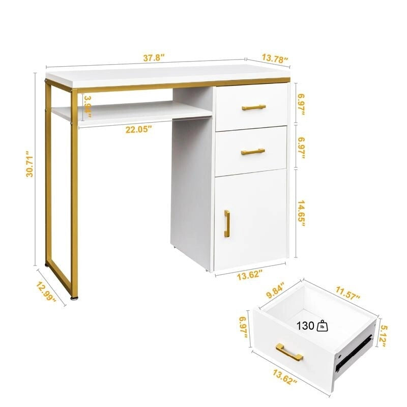 Bureau informatique avec 2 tiroirs et un meuble de rangement, cadre en métal doré, panneaux de particules, pour bureau à domicile