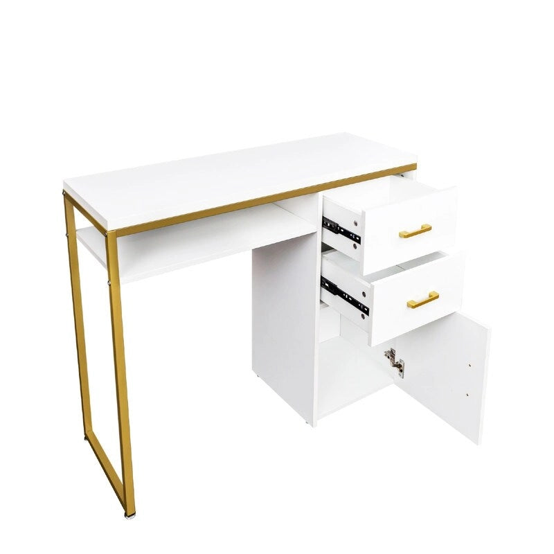 Bureau informatique avec 2 tiroirs et un meuble de rangement, cadre en métal doré, panneaux de particules, pour bureau à domicile