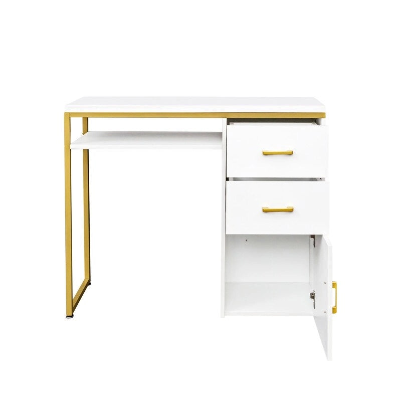Bureau informatique avec 2 tiroirs et un meuble de rangement, cadre en métal doré, panneaux de particules, pour bureau à domicile