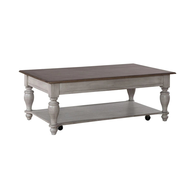 Table basse rectangulaire en pin vieilli blanc antique avec pieds tournés et roulettes