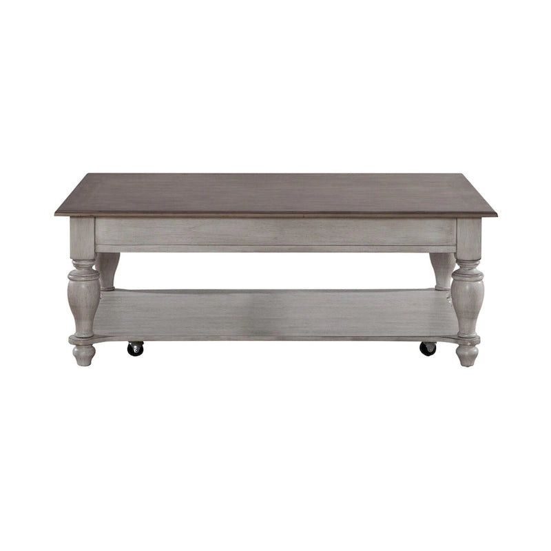 Table basse rectangulaire en pin vieilli blanc antique avec pieds tournés et roulettes