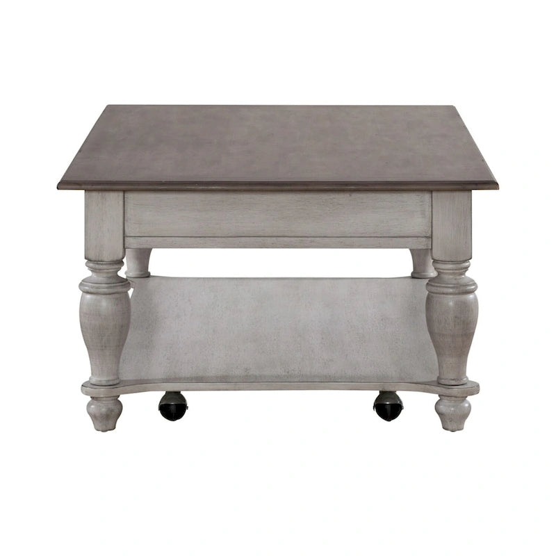 Table basse rectangulaire en pin vieilli blanc antique avec pieds tournés et roulettes