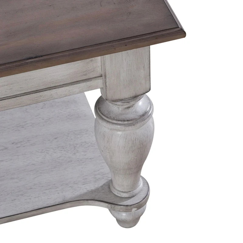 Table basse rectangulaire en pin vieilli blanc antique avec pieds tournés et roulettes