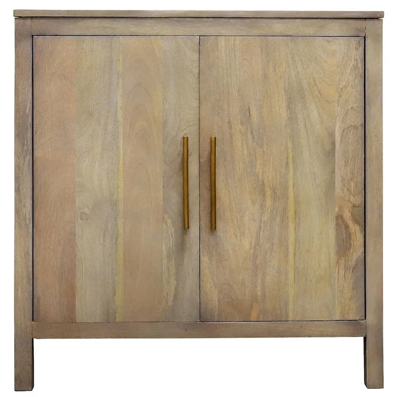 Meuble d'appoint de rangement en bois de manguier gris cendré à double porte avec poignées dorées