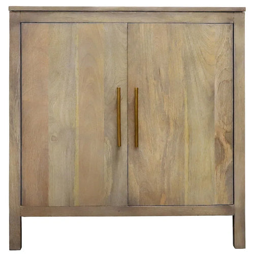 Meuble d'appoint de rangement en bois de manguier gris cendré à double porte avec poignées dorées