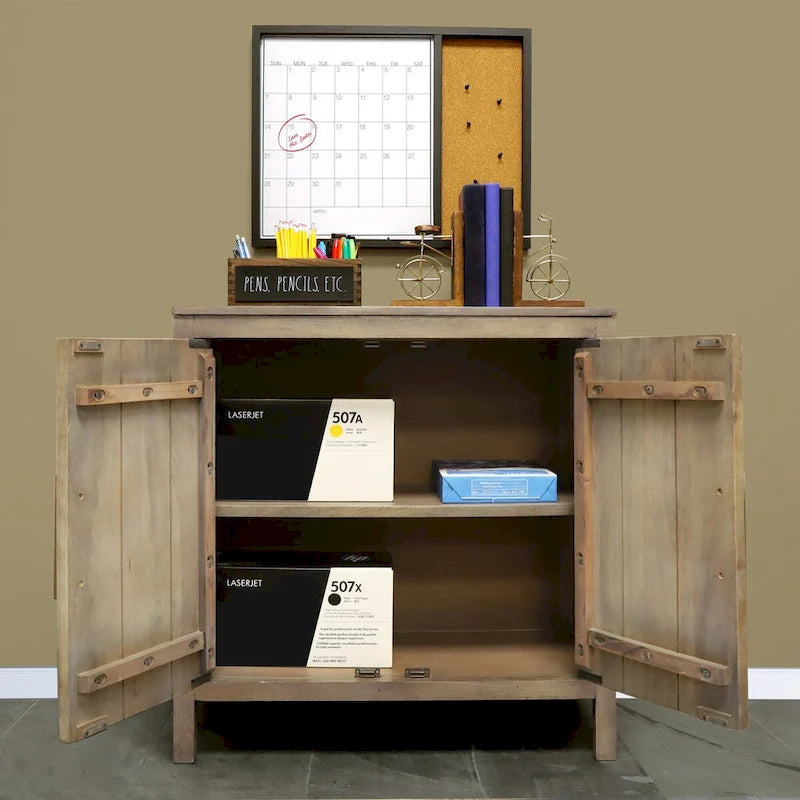 Meuble d'appoint de rangement en bois de manguier gris cendré à double porte avec poignées dorées