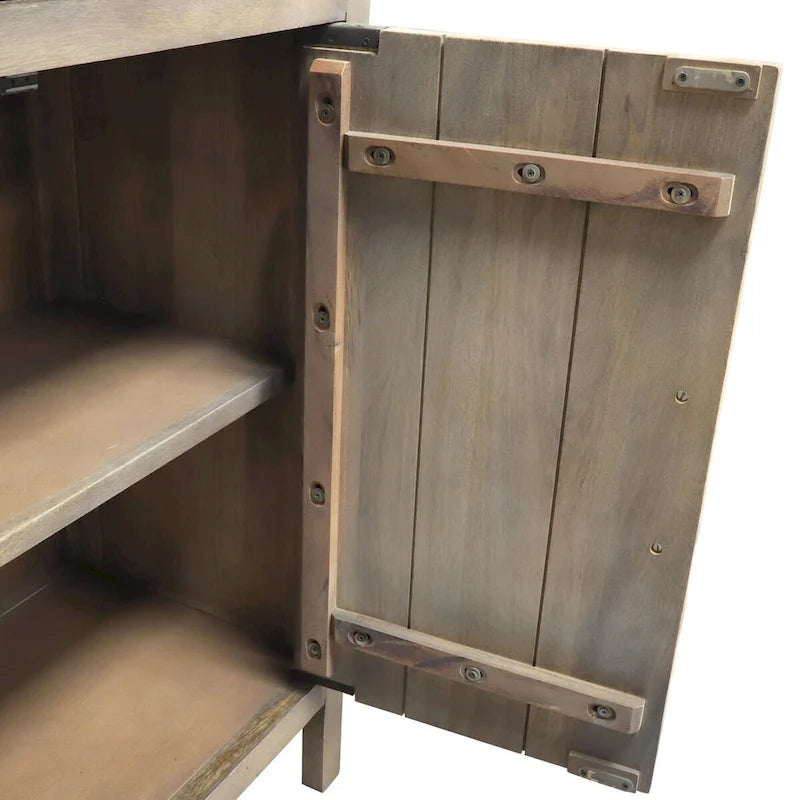 Meuble d'appoint de rangement en bois de manguier gris cendré à double porte avec poignées dorées
