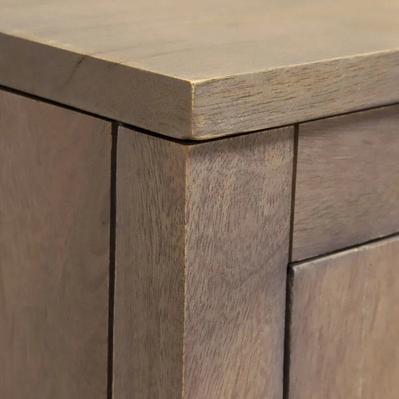 Meuble d'appoint de rangement en bois de manguier gris cendré à double porte avec poignées dorées