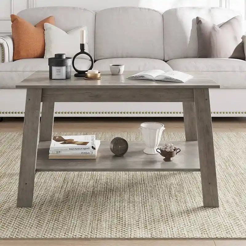 Table basse à deux niveaux en bois rustique gris avec étagère de rangement inférieure