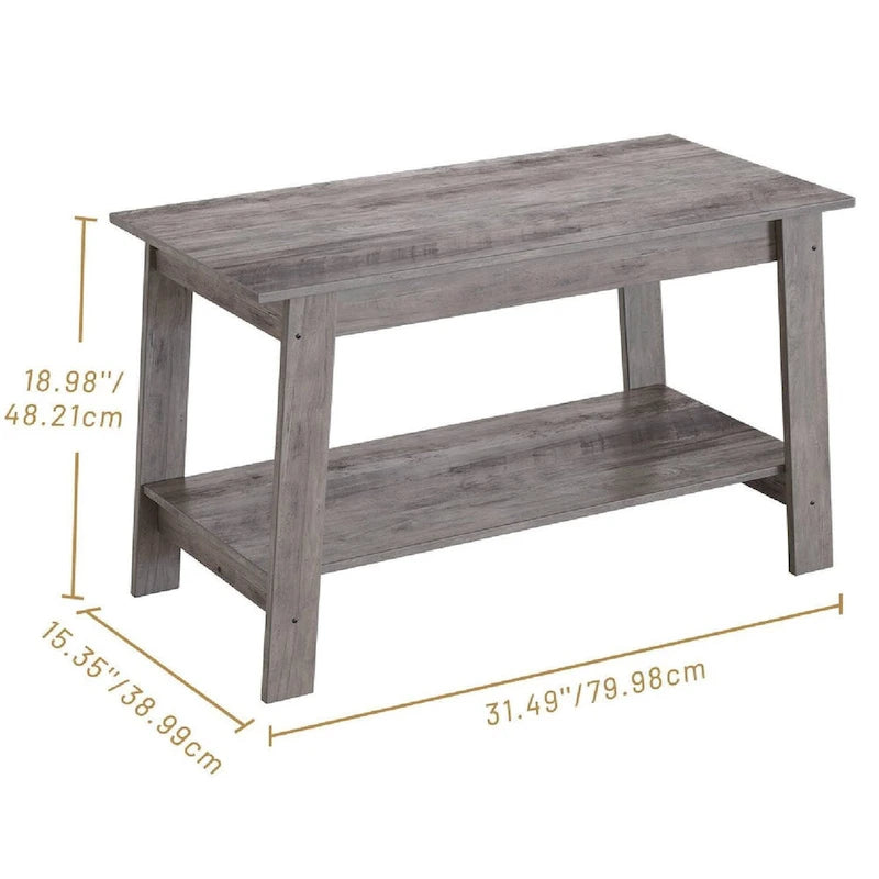 Table basse à deux niveaux en bois rustique gris avec étagère de rangement inférieure