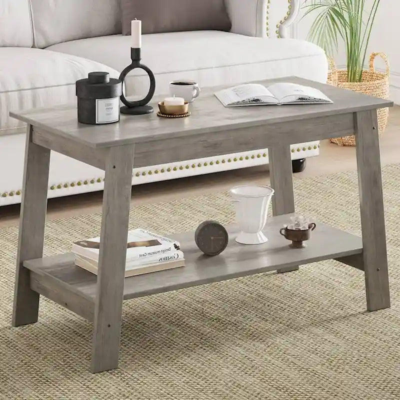 Table basse à deux niveaux en bois rustique gris avec étagère de rangement inférieure
