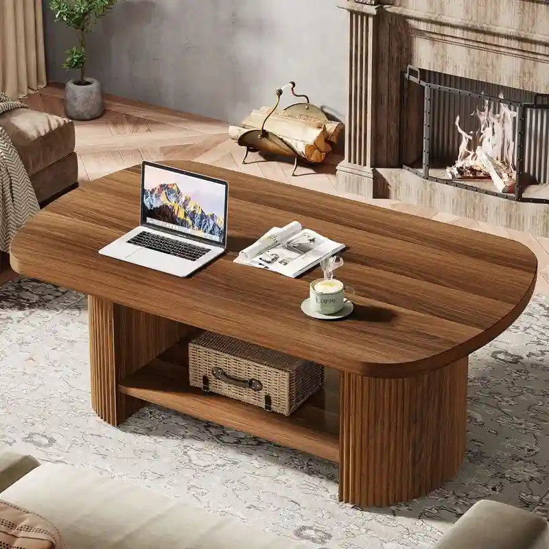 Table basse ovale en bois avec étagère de rangement à 2 niveaux, finition marron