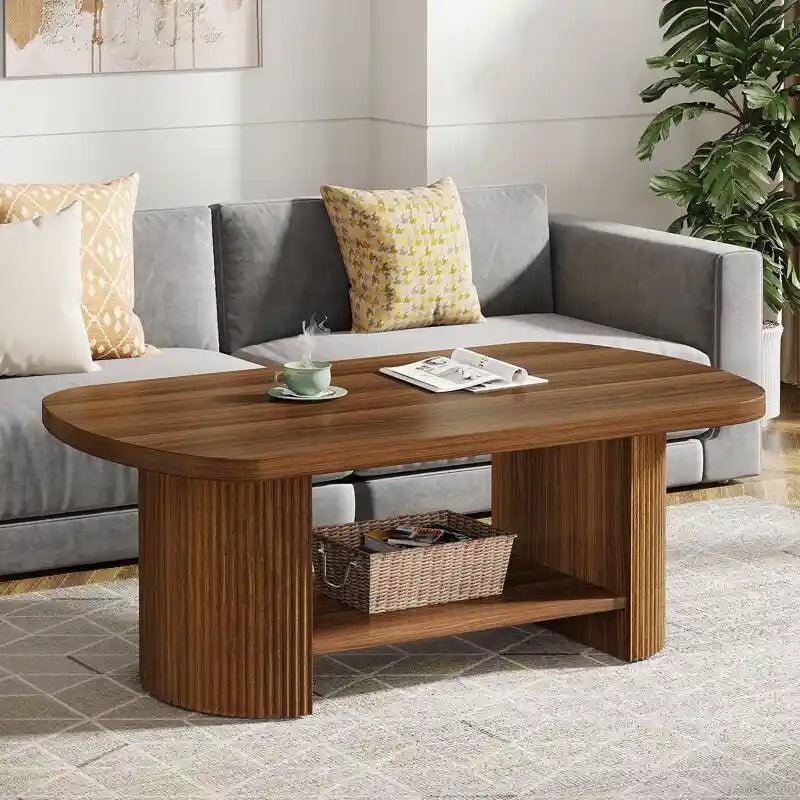 Table basse ovale en bois avec étagère de rangement à 2 niveaux, finition marron