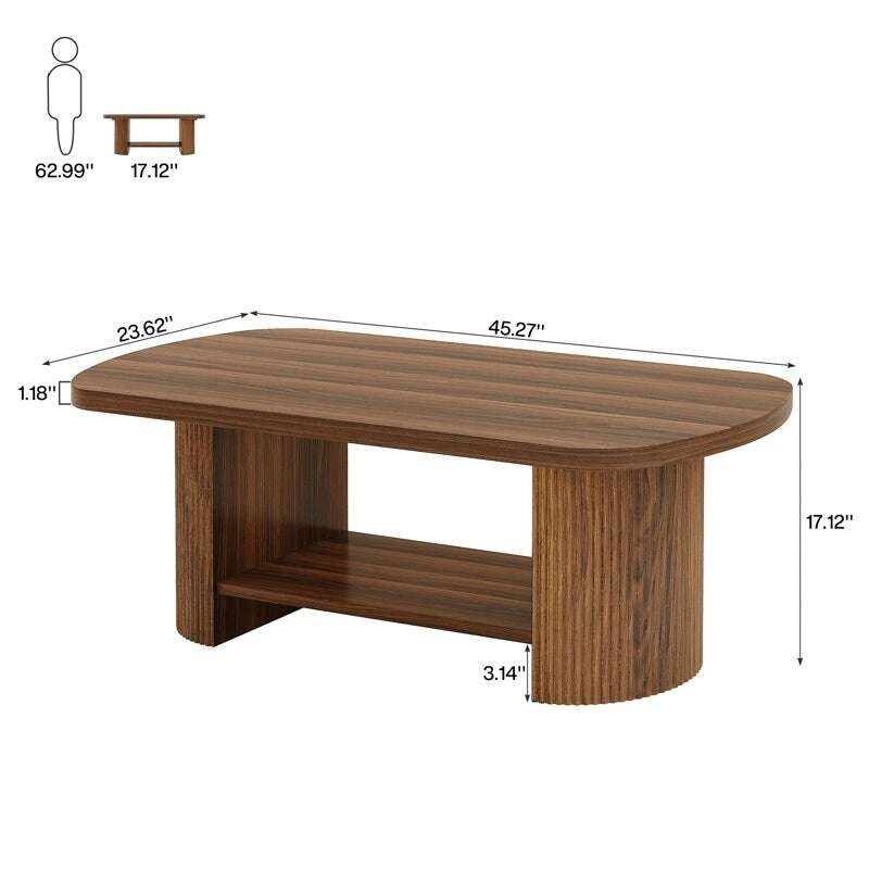 Table basse ovale en bois avec étagère de rangement à 2 niveaux, finition marron