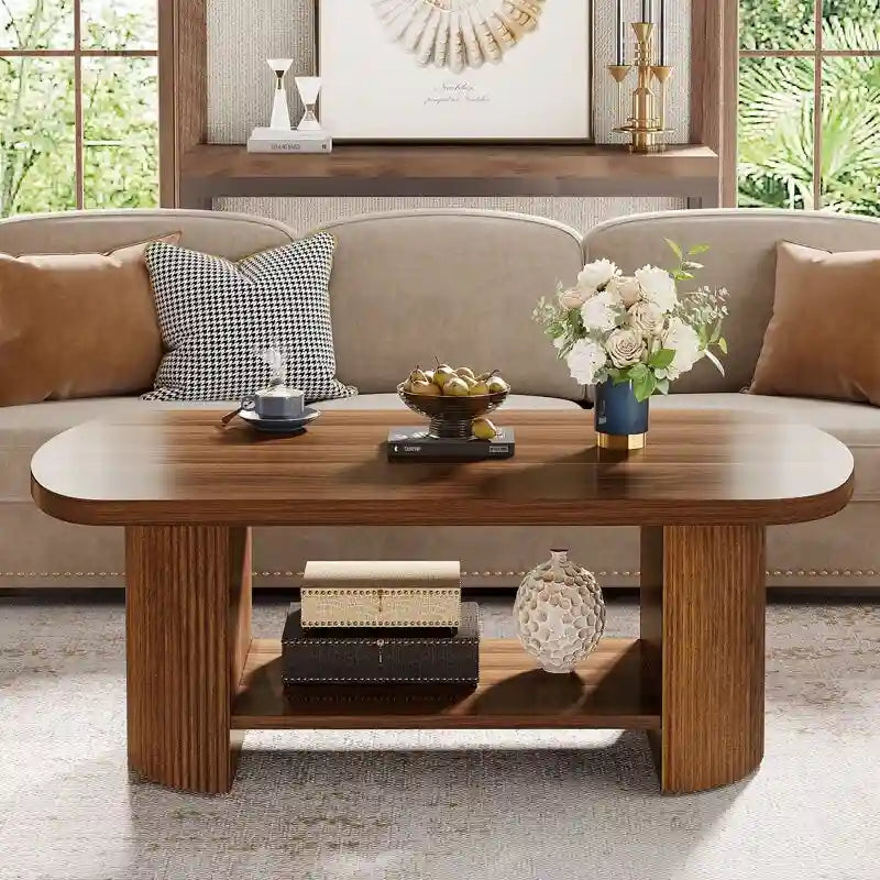 Table basse ovale en bois avec étagère de rangement à 2 niveaux, finition marron