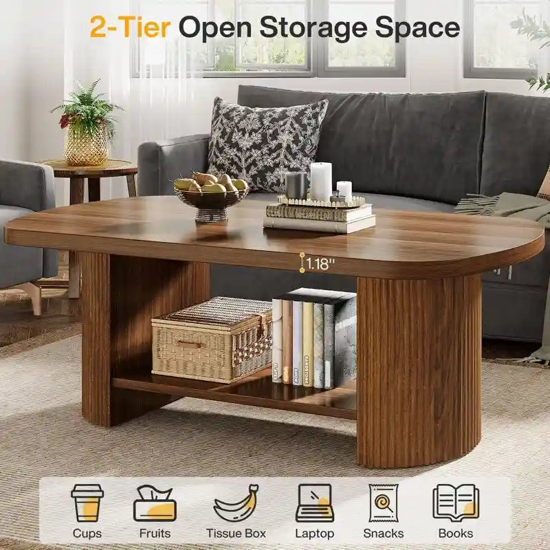 Table basse ovale en bois avec étagère de rangement à 2 niveaux, finition marron
