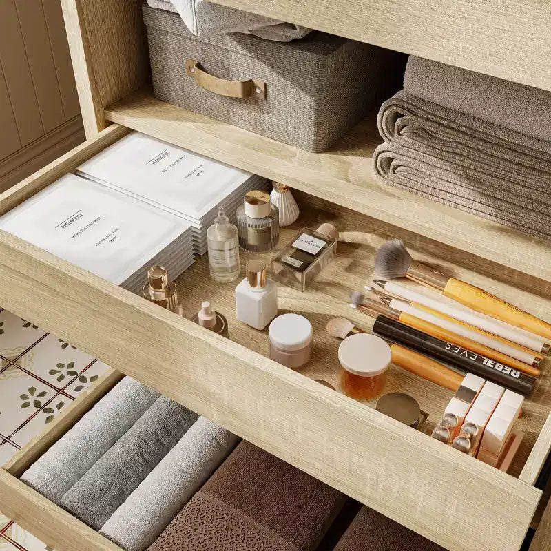 Meuble de rangement de salle de bain en bois avec étagères et tiroir organisateur pour articles de toilette