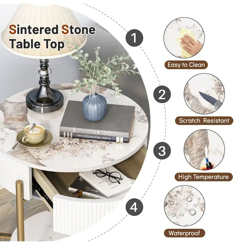 Myhozm Table d'appoint moderne avec tiroir de rangement, table de chevet ronde avec pieds en métal pour salon, chambre, bureau