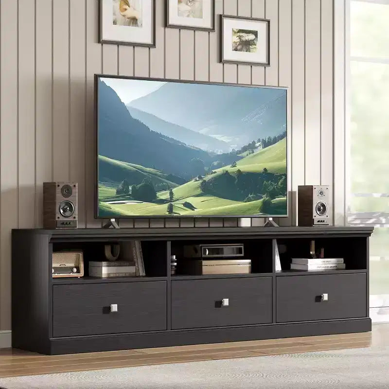 Meuble TV Mid-Century Modern de 178 cm avec tiroir de rangement et étagères ouvertes