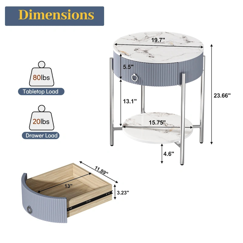 Myhozm Table d'appoint moderne avec tiroir de rangement, table de chevet ronde avec pieds en métal pour salon, chambre, bureau