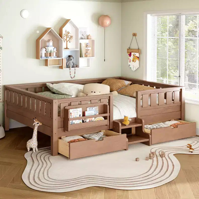 Lit pour tout-petits Bellemave Queen Size avec 14 barrières de sécurité, cadre de lit peu encombrant avec étagères intégrées et 2 tiroirs de rangement sous le lit