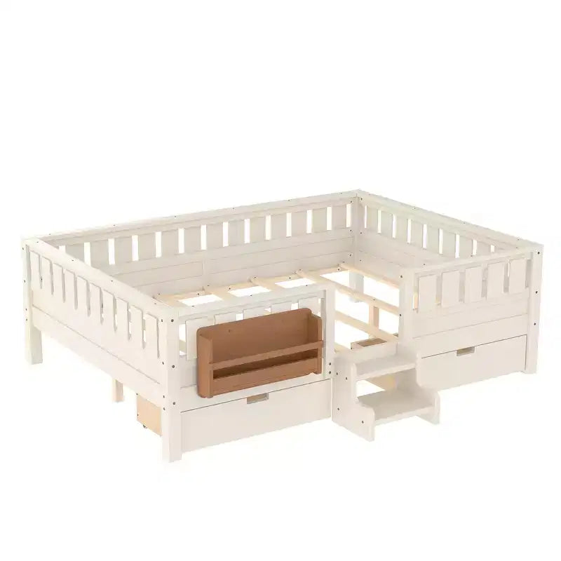 Lit pour tout-petits Bellemave Queen Size avec 14 barrières de sécurité, cadre de lit peu encombrant avec étagères intégrées et 2 tiroirs de rangement sous le lit